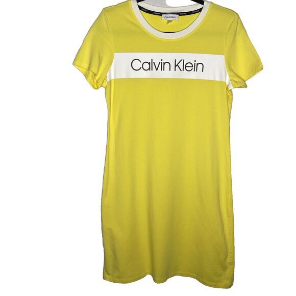 Calvin Klein Yellow T-Shirt Mini Dress M Cotton Logo Stripe Preppy Beachwear - Picture 1 of 8